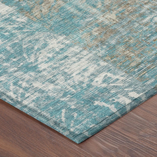 10 X 14 Abstract Teal Pewter Polyester Washable Rug for Indoor Outdoor Spaces