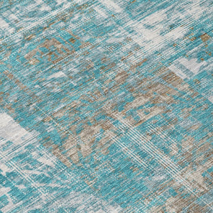 10 X 14 Abstract Teal Pewter Polyester Washable Rug for Indoor Outdoor Spaces