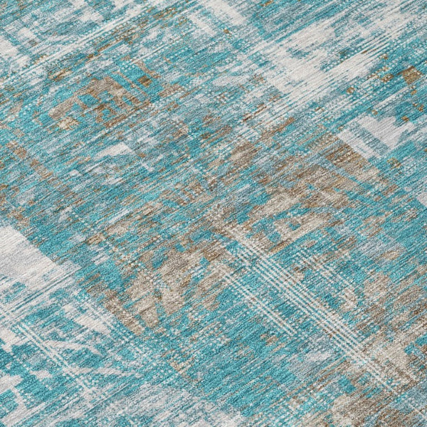 10 X 14 Abstract Teal Pewter Polyester Washable Rug for Indoor Outdoor Spaces