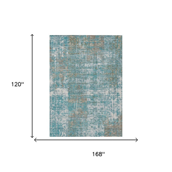 10 X 14 Abstract Teal Pewter Polyester Washable Rug for Indoor Outdoor Spaces