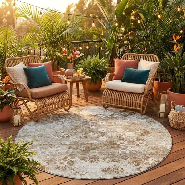 8 Ft Round Medallion Floral Polyester Area Rug Washable Stain Resistant Indoor Outdoor