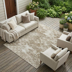 8x10 Beige Brown Floral Medallion Polyester Indoor Outdoor Washable Area Rug