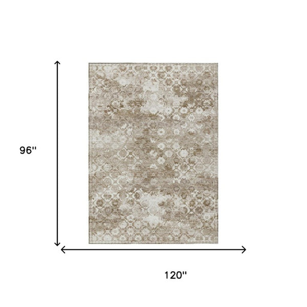 8x10 Beige Brown Floral Medallion Polyester Indoor Outdoor Washable Area Rug