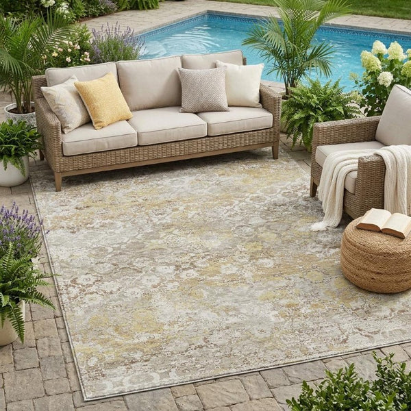 5x8 Ivory Silver Floral Medallion Polyester Area Rug Washable for Patio or Living Room