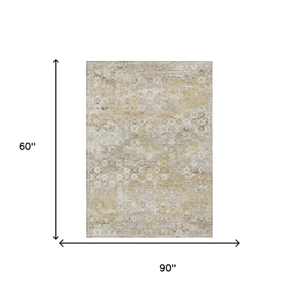 5x8 Ivory Silver Floral Medallion Polyester Area Rug Washable for Patio or Living Room
