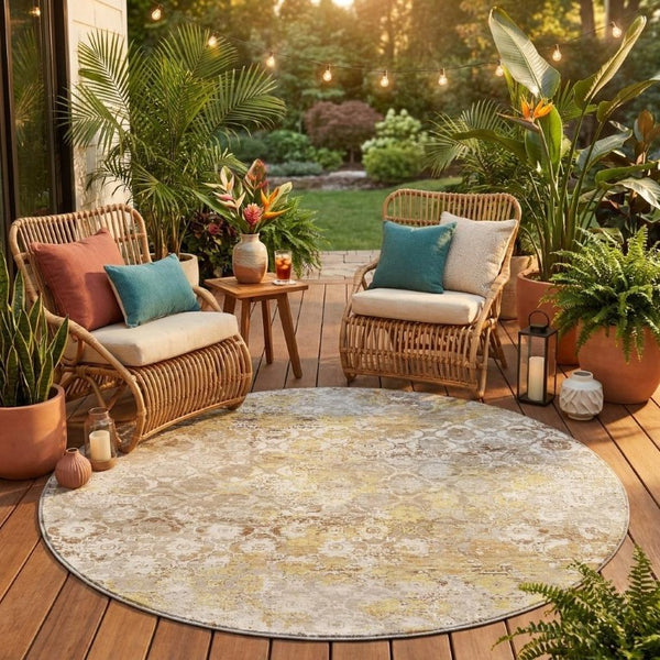 8 Ft Round Ivory Silver Medallion Polyester Rug Washable for Patio or Family Room