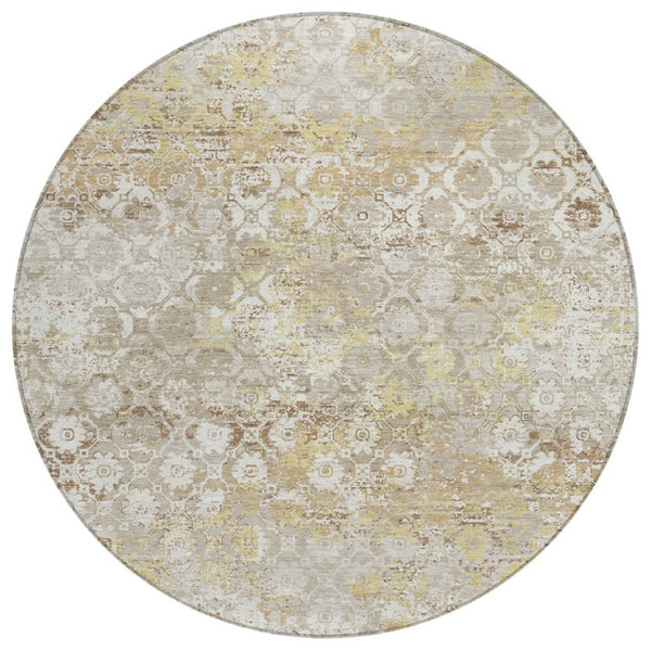 HomeRoots 8 Ft Round Ivory Silver Medallion Polyester Rug Washable for Patio or Family Room 741377