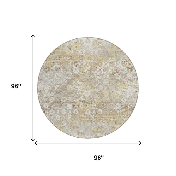 8 Ft Round Ivory Silver Medallion Polyester Rug Washable for Patio or Family Room
