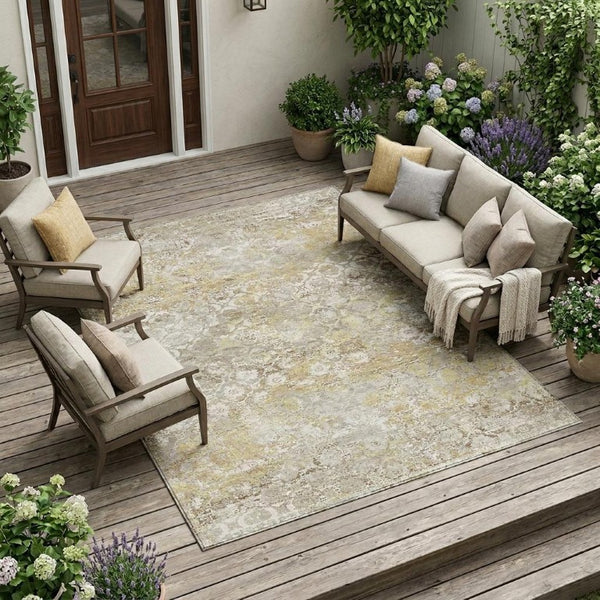 8x10 Ivory Silver Floral Medallion Polyester Area Rug Washable for Patio or Living Room