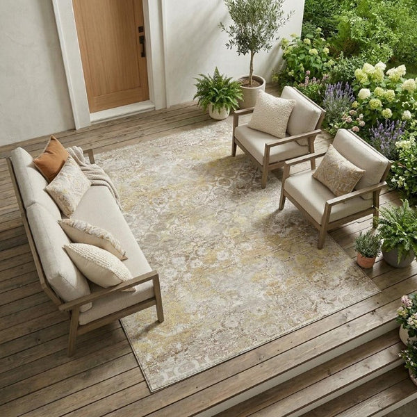 9 X 12 Ivory Silver Floral Medallion Polyester Washable Indoor Outdoor Area Rug