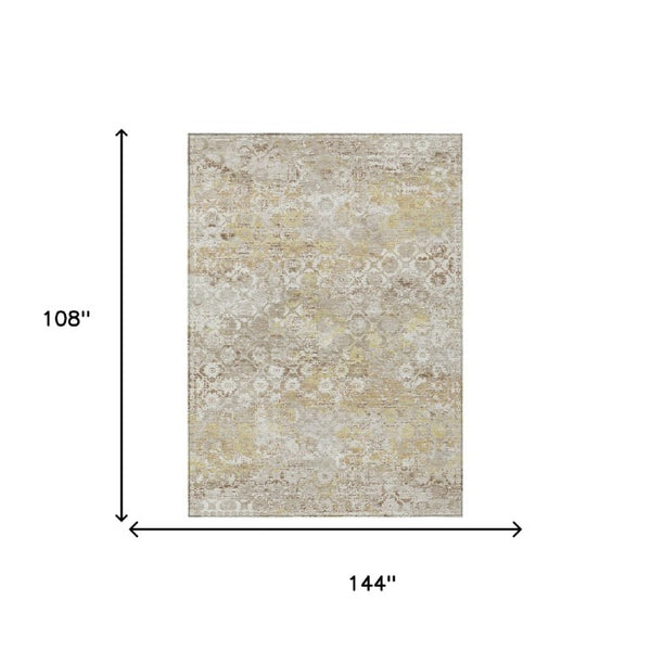 9 X 12 Ivory Silver Floral Medallion Polyester Washable Indoor Outdoor Area Rug