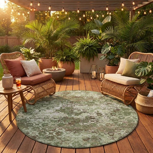 8 Ft Round Floral Medallion Polyester Area Rug for Indoor Outdoor High Traffic Spaces