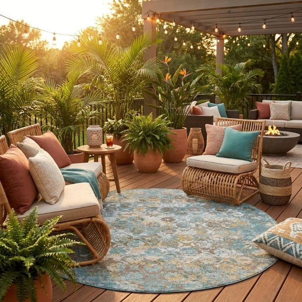 8 Foot Round Teal Medallion Polyester Area Rug Washable for Patio or Family Room