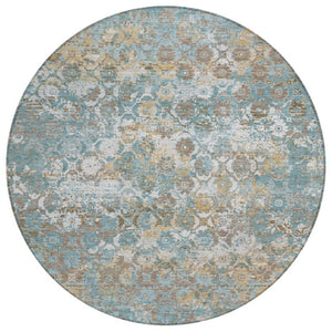 HomeRoots 8 Foot Round Teal Medallion Polyester Area Rug Washable for Patio or Family Room 741395