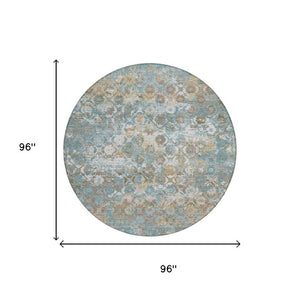8 Foot Round Teal Medallion Polyester Area Rug Washable for Patio or Family Room