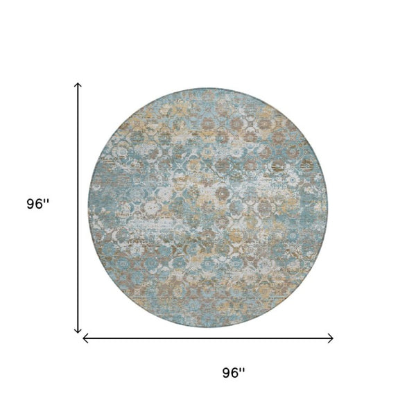 8 Foot Round Teal Medallion Polyester Area Rug Washable for Patio or Family Room