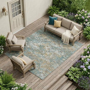 8 Ft X 10 Ft Teal Pewter Floral Medallion Polyester Washable Indoor Outdoor Rug