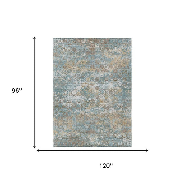 8 Ft X 10 Ft Teal Pewter Floral Medallion Polyester Washable Indoor Outdoor Rug