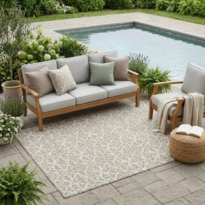 5 X 8 Ivory Beige Damask Polyester Area Rug Stain Resistant for Indoor Outdoor Use