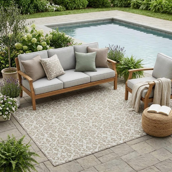 5 X 8 Ivory Beige Damask Polyester Area Rug Stain Resistant for Indoor Outdoor Use