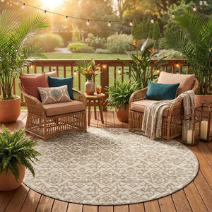 8 Ft Round Ivory Beige Damask Polyester Rug Stain Resistant for Patio or Family Room