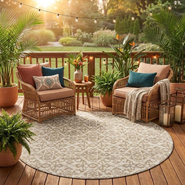 8 Ft Round Ivory Beige Damask Polyester Rug Stain Resistant for Patio or Family Room