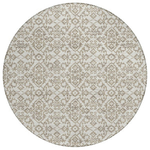 HomeRoots 8 Ft Round Ivory Beige Damask Polyester Rug Stain Resistant for Patio or Family Room 741401