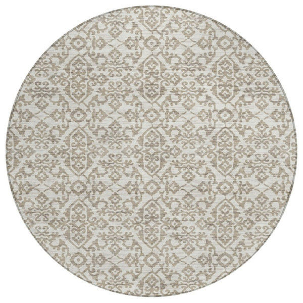 HomeRoots 8 Ft Round Ivory Beige Damask Polyester Rug Stain Resistant for Patio or Family Room 741401