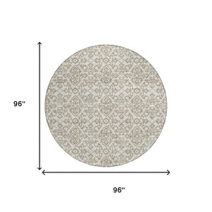 8 Ft Round Ivory Beige Damask Polyester Rug Stain Resistant for Patio or Family Room