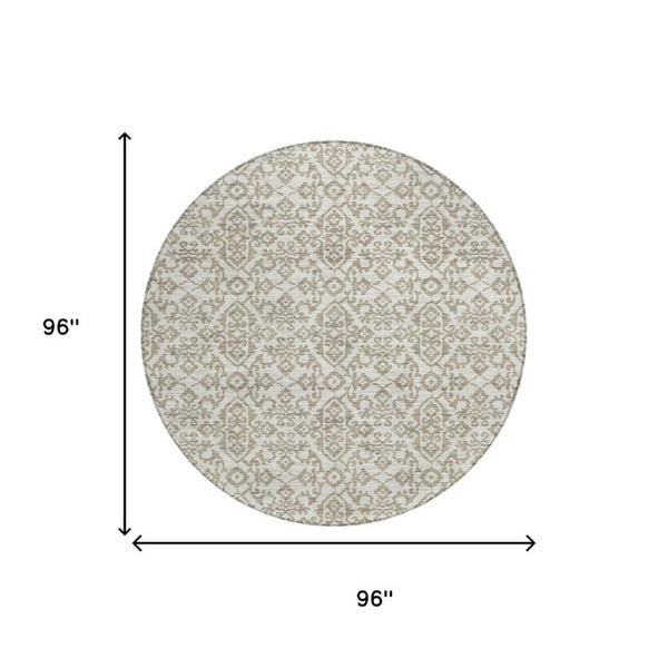 8 Ft Round Ivory Beige Damask Polyester Rug Stain Resistant for Patio or Family Room