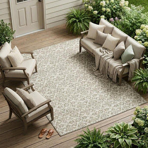 8x10 Ivory Beige Damask Polyester Area Rug Stain Resistant for Patio or Living Room