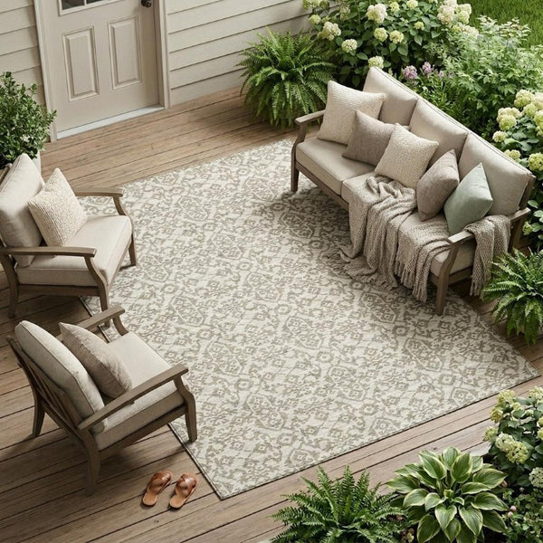 8x10 Ivory Beige Damask Polyester Area Rug Stain Resistant for Patio or Living Room