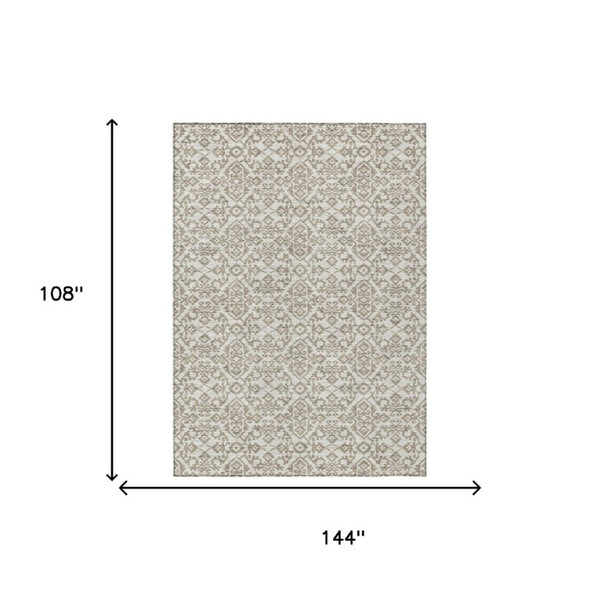 9x12 Ivory Beige Damask Polyester Area Rug Stain Resistant for Indoor Outdoor Use