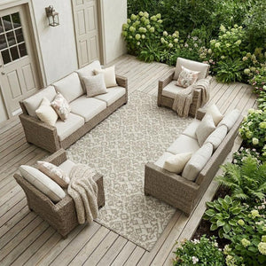 10 X 14 Ivory Beige Damask Polyester Area Rug Washable Stain Resistant Indoor Outdoor