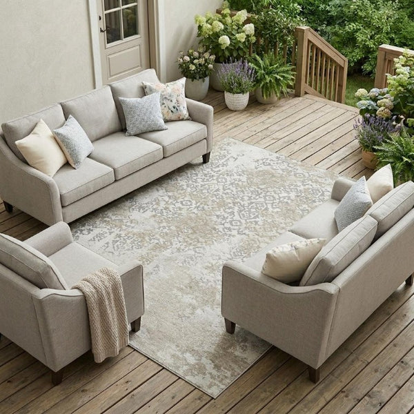 8 X 10 Ivory Silver Abstract Polyester Area Rug Washable for Patio and Living Room