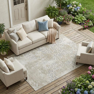 9 X 12 Ivory Silver Abstract Polyester Area Rug Washable for Patio or Living Room