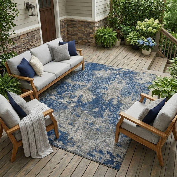 9x12 Abstract Navy Polyester Area Rug Washable Stain Resistant Indoor Outdoor Use