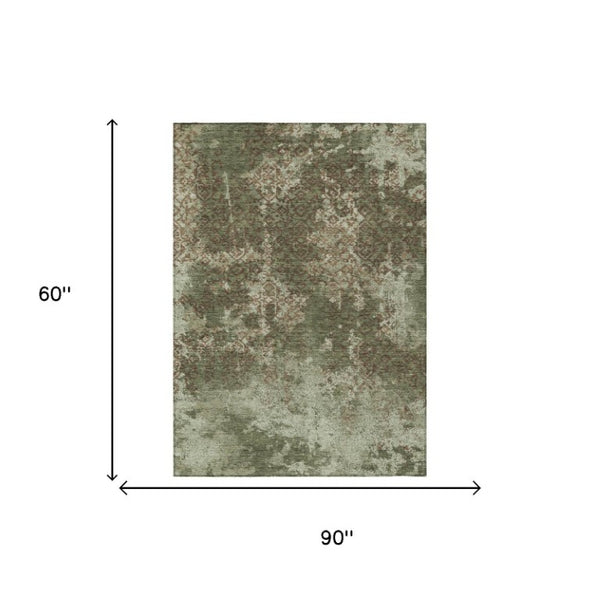 5 Ft X 8 Ft Olive Abstract Polyester Area Rug Washable for Patio or Living Room
