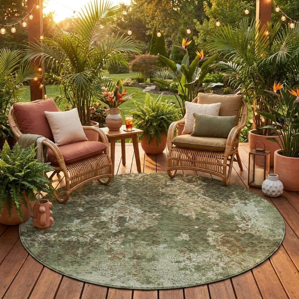 8 Ft Round Abstract Olive Polyester Washable Rug for Patio Porch or Family Room