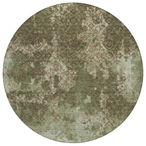 HomeRoots 8 Ft Round Abstract Olive Polyester Washable Rug for Patio Porch or Family Room 741425