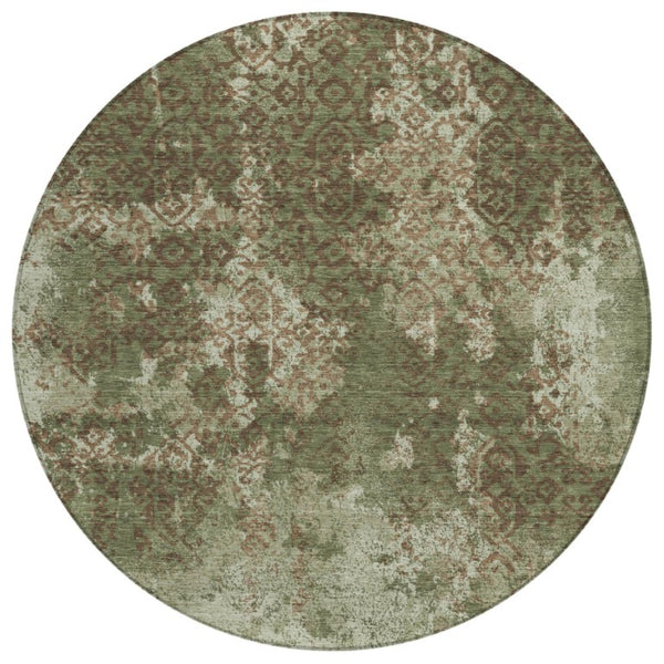 HomeRoots 8 Ft Round Abstract Olive Polyester Washable Rug for Patio Porch or Family Room 741425
