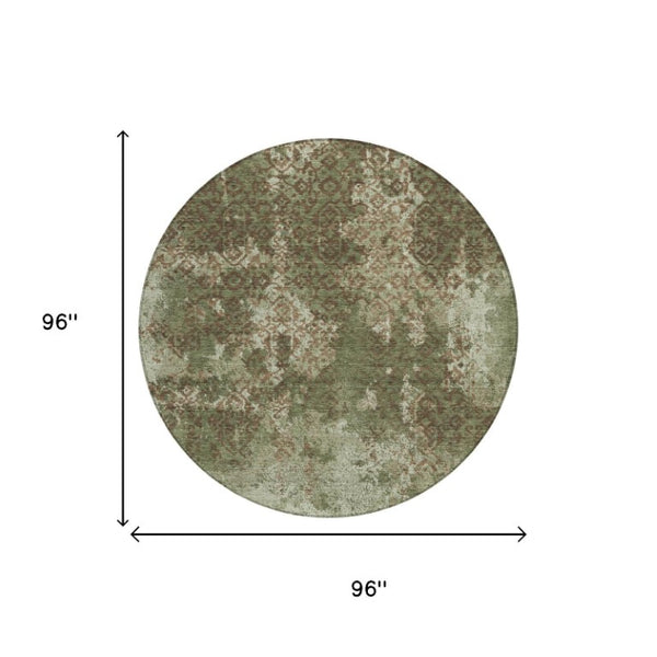 8 Ft Round Abstract Olive Polyester Washable Rug for Patio Porch or Family Room