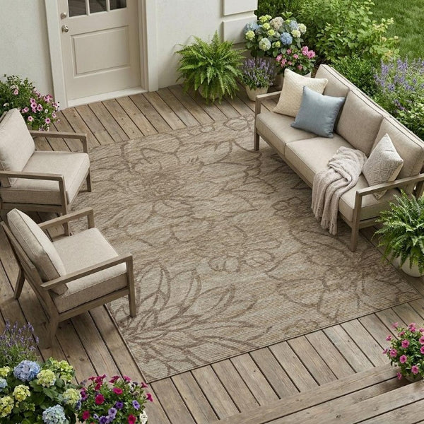 8x10 Beige Brown Floral Polyester Area Rug Washable for Indoor Outdoor Spaces