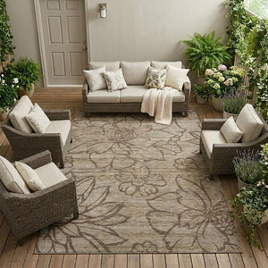 10 X 14 Floral Beige Brown Polyester Washable Rug for Patio Porch or Living Room
