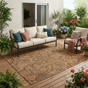 5 X 8 Copper Floral Polyester Area Rug Washable Stain Resistant Indoor Outdoor