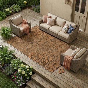 8 X 10 Copper Floral Polyester Area Rug Stain Resistant for Indoor Outdoor Use
