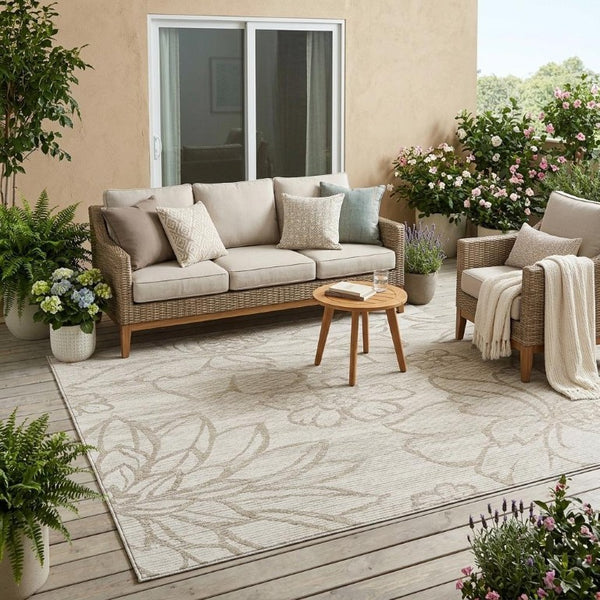5x8 Ivory Silver Floral Polyester Area Rug Washable Stain Resistant Indoor Outdoor