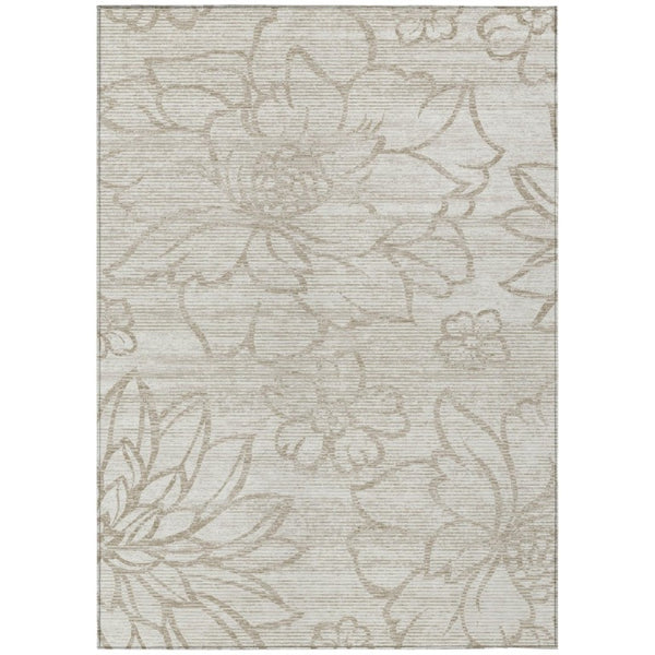HomeRoots 5x8 Ivory Silver Floral Polyester Area Rug Washable Stain Resistant Indoor Outdoor 741460