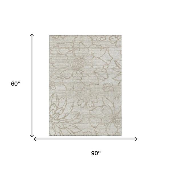 5x8 Ivory Silver Floral Polyester Area Rug Washable Stain Resistant Indoor Outdoor