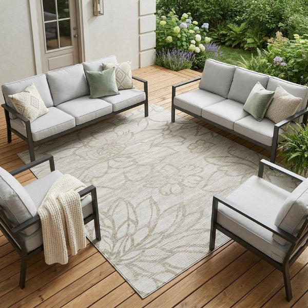 8x10 Ivory Silver Floral Polyester Area Rug Stain Resistant Indoor Outdoor Use